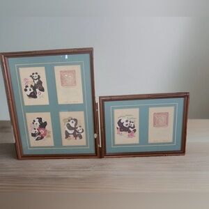 2 Vintage Panda Chinese Paper Cut Jianzhi Wood Frames Handmade Wall Hanging